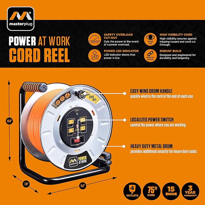 Masterplug Metal Steel Drum with Four Powered Outlets, Open Cord Reel Extension Cord with Winding Handle, Overload Circuit Breaker and Power Switch, 75 Feet 12AWG, High Visibility Cord