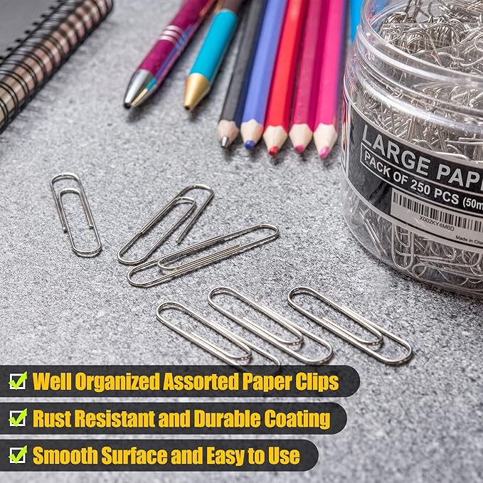 250 Large Paper Clips Smooth, Jumbo Paper Clips for Paperwork Ideal for Home, School and Office Use (Large, Silver)