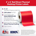 4" X 6" Direct Thermal Perforated Stickers Labels for Shipping Labels, Inventory, and Color Coding - Compatible with Zebra, Rollo, Godex and More (Red, 48 Rolls)