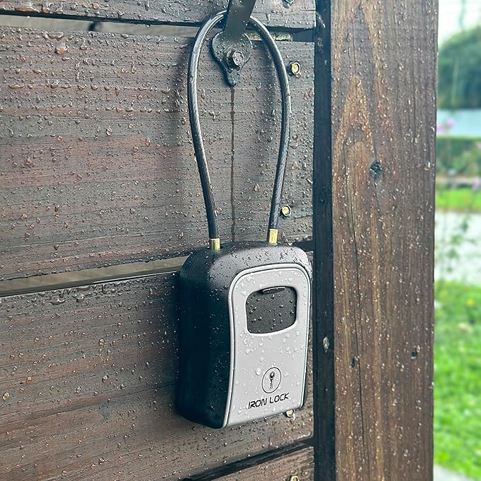 Iron Lock® Key Lock Box Portable with Cable Shackle & Wall Mount – Waterproof Metal Lock Box for Keys with 4-Digit Combination & Resettable Code – Indoor/Outdoor Key Safe (Grey, Medium)
