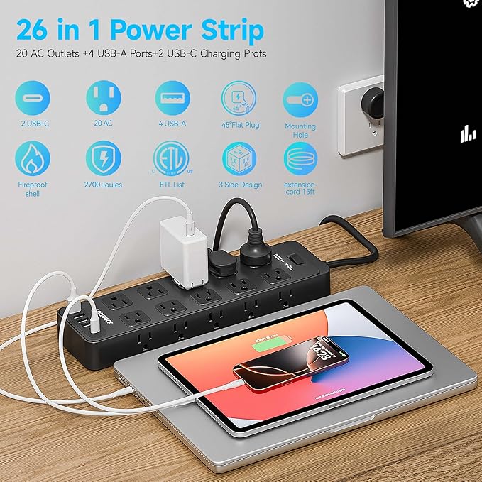 Power Strip Surge Protector Flat Plug with 20 AC Outlets 6 USB Chagring Ports, 1875W/15A, 2700J, 15 Feet Heavy Duty Extension Cord for Home, Office, Dorm, Gaming,ETL Listed (Black, 15FT)