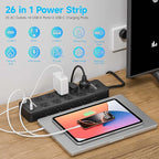 Power Strip Surge Protector Flat Plug with 20 AC Outlets 6 USB Chagring Ports, 1875W/15A, 2700J, 15 Feet Heavy Duty Extension Cord for Home, Office, Dorm, Gaming,ETL Listed (Black, 15FT)