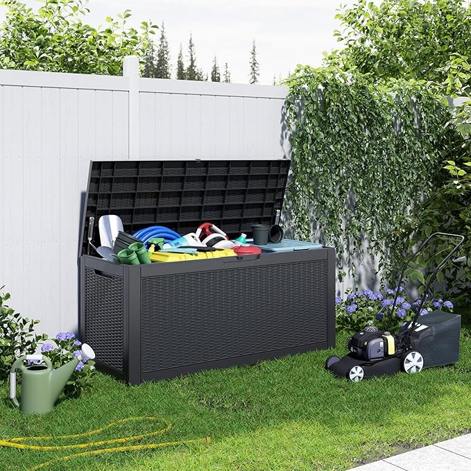 120 Gallon Resin Deck Box, Lockable Patio Outdoor Storage Box for Furniture, Garden Tools and Tools Storage, Waterproof Outside Storage Boxes - Black