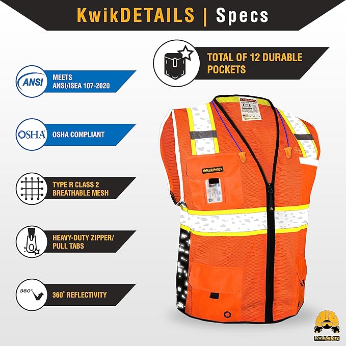 KwikSafety - BIG KAHUNA DIGITAL Safety Vest [LIMITED EDITION] Class 2 ANSI OSHA Reflective Vest Durable High Visibility Vest Construction Safety Vest for Men Industrial Work Gear/Orange Small
