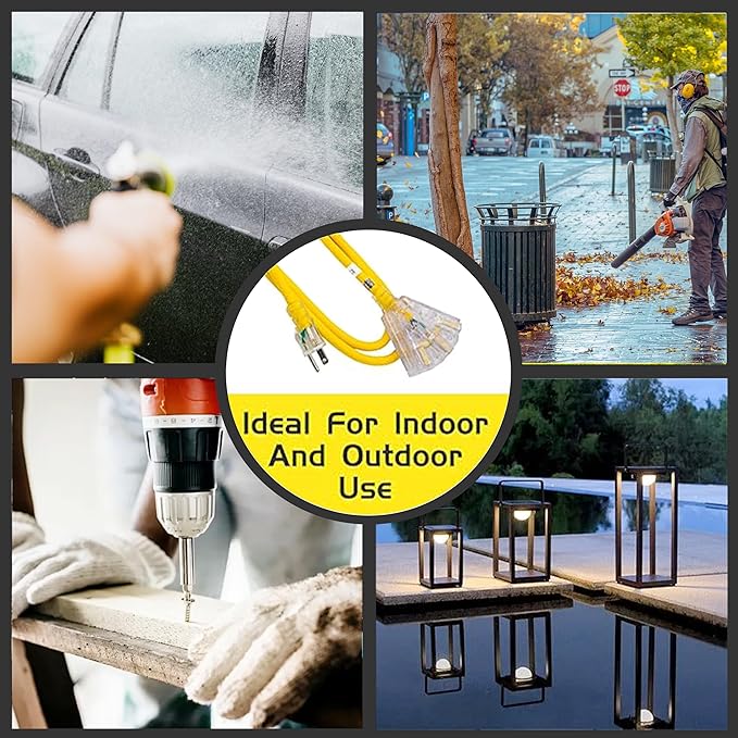 3-Outlets Indoor Outdoor Extension Cord Weatherproof with Lighted End, UL Listed, 10 Gauge 10FT Yellow 3 Prong Heavy Duty, 10/3 SJTW 15A Extension Cord