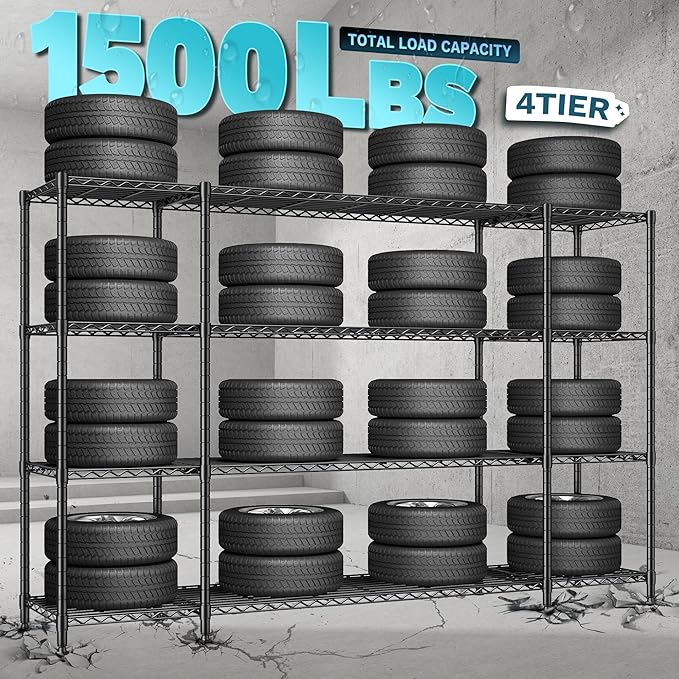 REIBII 78.4''W Wire Shelving Garage Shelving Unit Load 1500LBS,4 Tier Metal Shelving with Adjustable Metal Shelf Storage Shelves for Pantry Shelves Commercial Shelf Kitchen Garage 11.8''Dx59''H