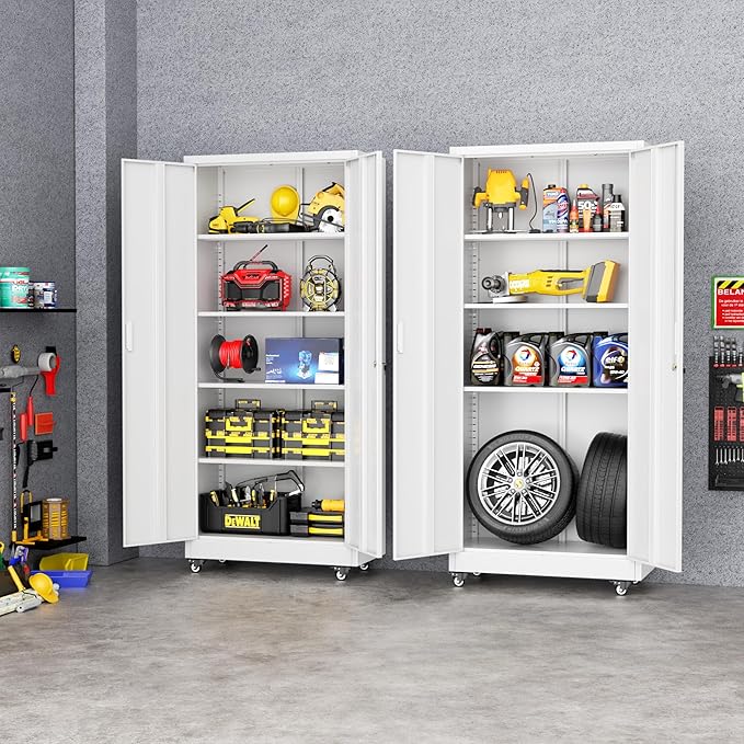 Greenvelly Metal Storage Cabinet with Wheels, 73" H Lockable Rolling Storage Cabinets with Doors and 4 Adjustable Shelves, Large Steel Cabinet for Garage, Office, Home, School (White)