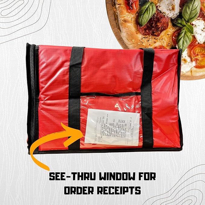 FSE Insulated Pizza Food Delivery Bag Carrier, 18 Inch x 18 Inch x 13 Inch, Breathable Design, Fits Five 16" Pizza Boxes, or Four 18" Pizza Boxes, for Hot or Cold Items, Red