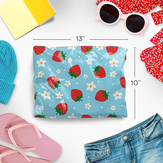10x13 Poly Mailers – Summer Strawberries – Waterproof, Tear-Resistant Shipping Bags with Adhesive Seal – 100 Pack – Package Mint
