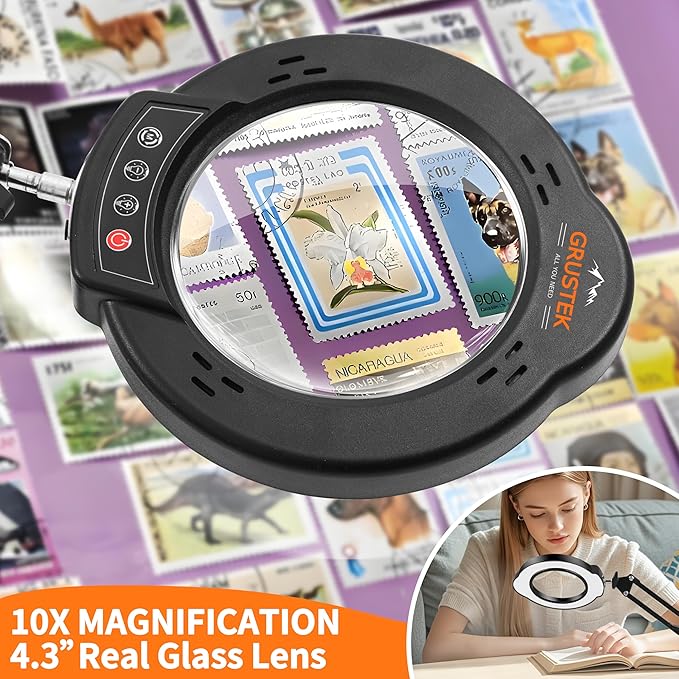 10X Magnifying Glass with Light and Clamp, 5 Color Stepless Dimmable Modes 84 LEDs Magnifier with Light Hands Free for Reading Sewing Crafts Repair and Close Work (10X Clamp)