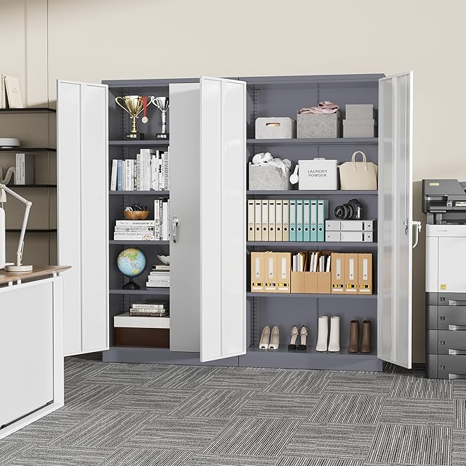 SUNCROWN 72" Metal Storage Cabinet - Heavy-Duty Metal Garage Cabinet with 4 Adjustable Shelves & 2 Doors for Tools, Office, Home, Workshop,Grey & White