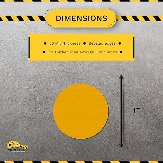 Mighty Line 1" Solid Dot Shaped Floor Marking Tape for Safety, Caution, Warning, Heavy-Duty, Peel and Stick, Adhesive Circle Spots, Industrial Quality, Yellow, Pack of 200