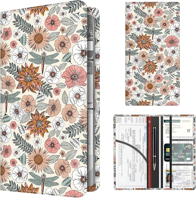 Premium Car Registration and Insurance Card Holder, Cute PU Leather Car Document Holder, Vehicle Glove Box Car Organizer with Magnetic Closure for Driver License, Cards Boho Flowers