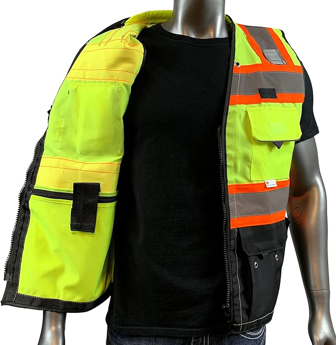 C Vest for Mens Safety Vest With Zipper and Utility Pockets Premium Black Series Surveyors Vest (Large, Yellow/Black)