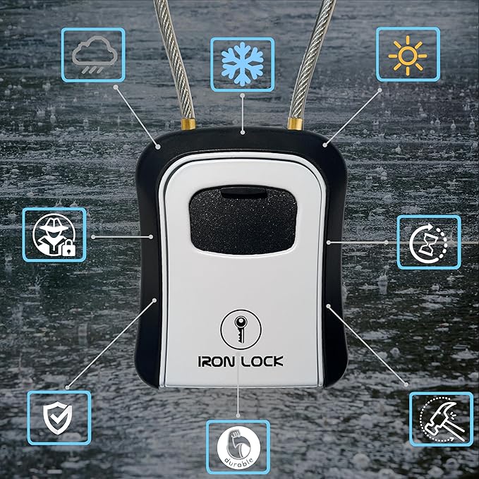 Iron Lock® Key Lock Box Portable with Cable Shackle & Wall Mount – Waterproof Metal Lock Box for Keys with 4-Digit Combination & Resettable Code – Indoor/Outdoor Key Safe (Grey, Medium)