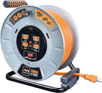Masterplug Metal Steel Drum with Four Powered Outlets, Open Cord Reel Extension Cord with Winding Handle, Overload Circuit Breaker and Power Switch, 75 Feet 12AWG, High Visibility Cord