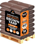 Super Heavy Duty Brown Poly Tarp 12' x 20' - Bulk Half Pallet (40 Pack) Thick Waterproof, UV Blocking Protective Cover - 16 Mil Thick Polyethylene - by Xpose Safety