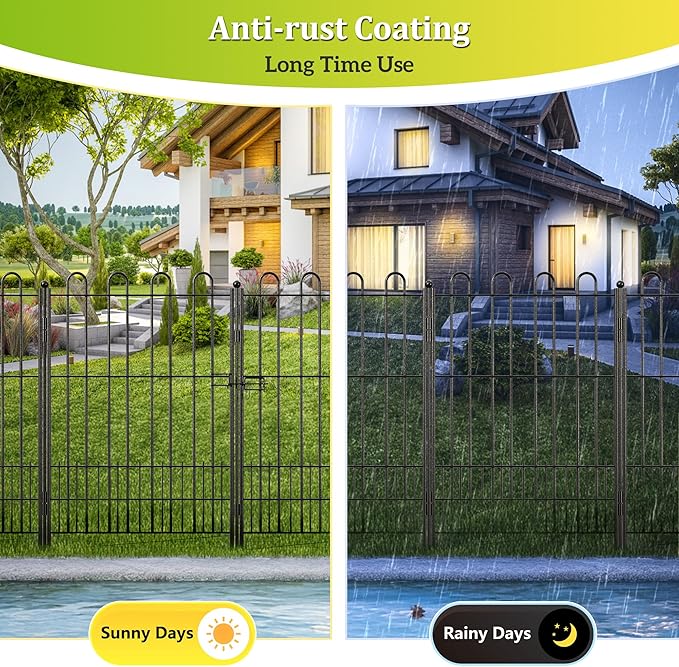 Bepatio Tall Garden Fence Animal Barrier with Gate, 39.5in (H) x 11.5ft (L) 5 Panels Decorative Dog Fence Outdoor for Yard, Heavy Duty Metal Fence Border, Flower Bed, Easy Setup, Black