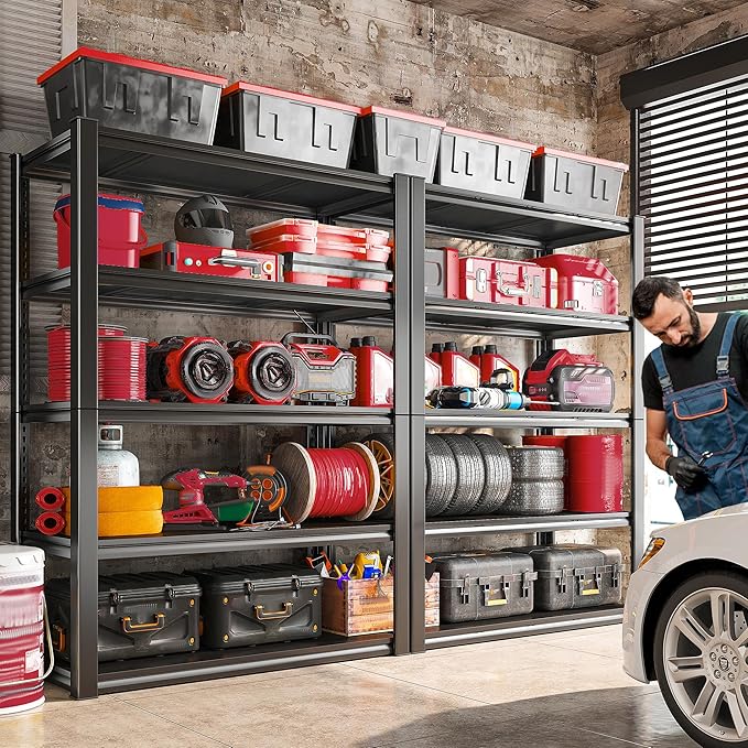 Raybee Storage Shelves, 72" H Garage Shelving, 5-Tier Adjustable Garage Shelves, 2000LBS Metal Shelving for Basement, Garage, Warehouse, Pantry, 72" H x 31.5" W x 16.5" D, Black