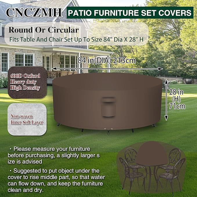 Heavy Duty Patio Furniture Covers Waterproof, 600D Round Outdoor Furniture Cover Waterproof for Sectional Sofa Couch, Outdoor Dining Table and Chair Set Covers 84"DIA x 28"H, Brown
