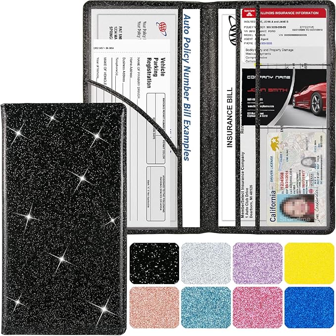 Car Registration and Insurance Holder, Leather Magnetic Shut Vehicle Glove Box Organizer for Document, Card, Driver License, Glitter Black