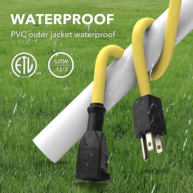 BN-LINK 15ft Outdoor Extension Cord, 12/3 SJTW Heavy Duty Power Cord, 3-Prong Grounded Plug, Weather Resistant, 15A, 1875W, Yellow, for Lawn, Garden, Appliances, ETL Listed