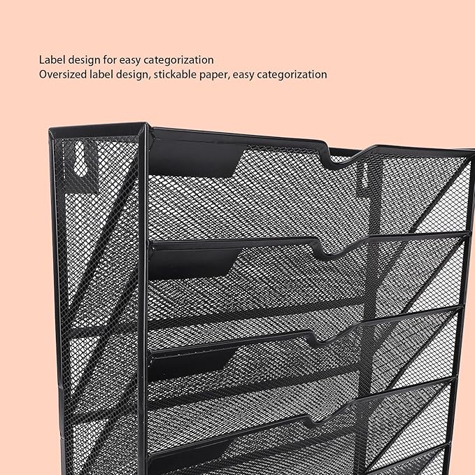 Walfront Hanging Wall File Holder 6 Tier Metal Hanging Wall Mount File Organizer for Home and Office Vertical Folder Rack with 5 Pockets Bottom Slot Grooves Tray Label Slot Easy Setup