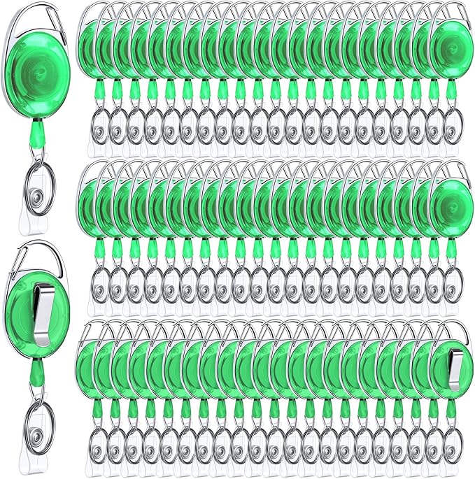 Laumoi 80 Packs Retractable ID Badge Holder Name ID Badge Reel Clips Keychain with Belt Clip and Key Ring for Office Worker Doctor Nurse Employee (Transparent Green)