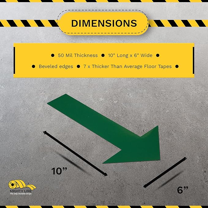 Mighty Line Solid Arrows Directional Sticker Sign Floor Marking Tape for Safety, Caution, Warning, Heavy-Duty, Peel and Stick, Adhesive, Industrial Quality, Green, 10" by 6", Pack of 50