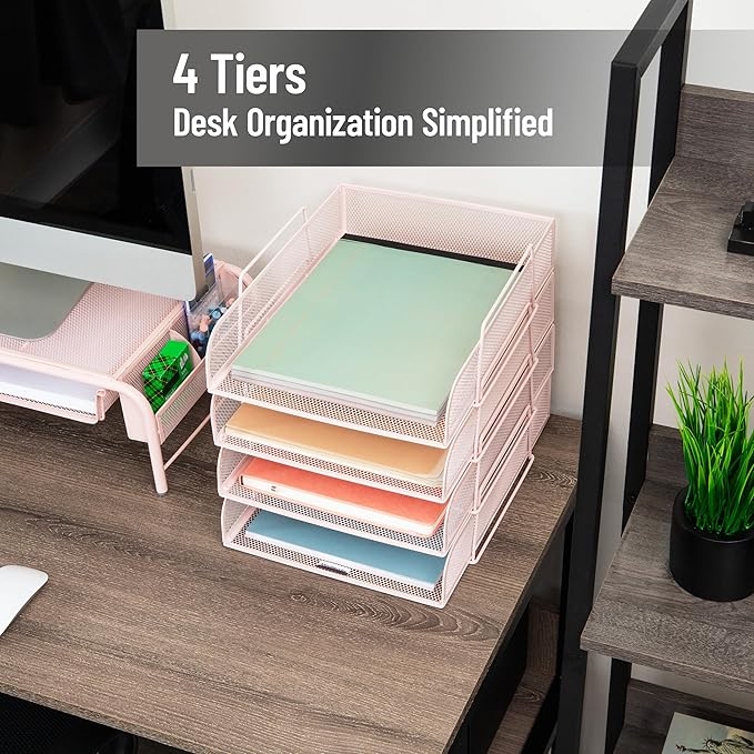 Mind Reader Stackable Paper Tray, Desktop Organizer, File Storage, Office, Metal Mesh, 10.5" L x 13.5" W x 11.25" H, 4 Pcs., Pink