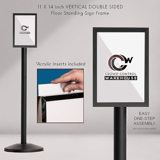 Crowd Control Warehouse Pedestal Standing Floor Sign Frame with Sloped Base, 11 x 14 Inch Vertical, Polished Stainless Steel