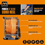Masterplug 50ft Cord Reel, Retractable Extension Lead with Winding Handle, Safety Overload Circuit Breaker and Power Switch, 4x Grounded Outlets, 2x USB Ports, 15amps, 12AWG Cable