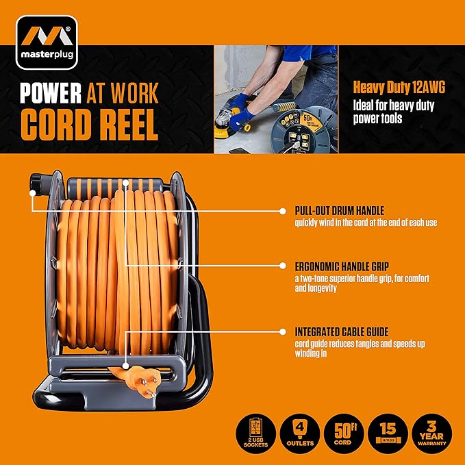 Masterplug 50ft Cord Reel, Retractable Extension Lead with Winding Handle, Safety Overload Circuit Breaker and Power Switch, 4x Grounded Outlets, 2x USB Ports, 15amps, 12AWG Cable