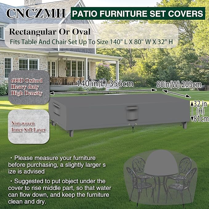 Heavy Duty Patio Furniture Covers Waterproof, 600D Outdoor Furniture Cover Waterproof for Sectional Sofa Couch, Outdoor Dining Table and Chair Set Covers 140''L x 80''W x 32''H, Grey