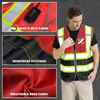 BeautyWill Custom Safety Vest Customized Logo Mesh Vest Class2 High Visibility Reflective Vest with Pockets Workwear（Red Black，L ）