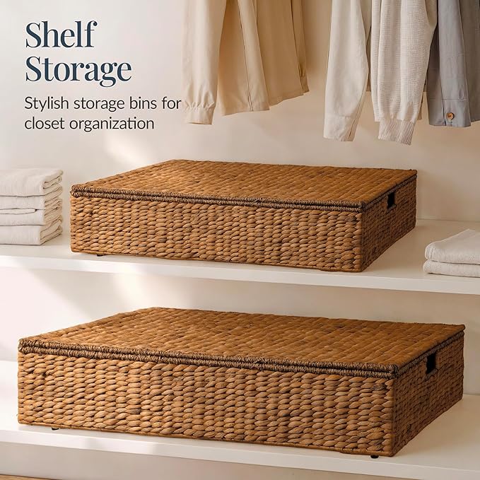Best Choice Products Under Bed Storage Containers W/Lid, Wheels and Handles, 2-Pack Large Handwoven Water Hyacinth Closet Organizer, Shoe Storage Bins, Multi-Purpose Nesting Baskets - Chestnut
