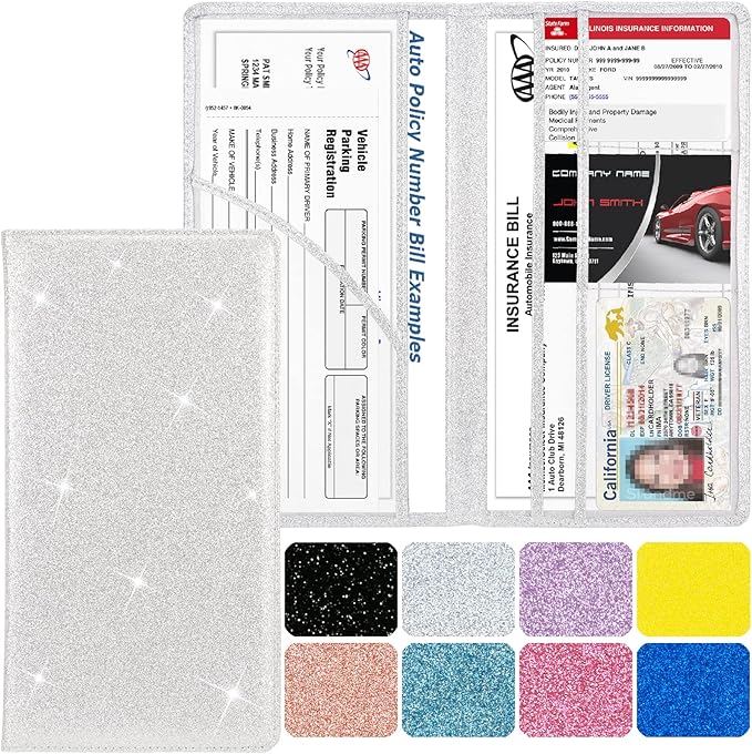Car Registration and Insurance Holder, Leather Magnetic Shut Vehicle Glove Box Organizer for Document, Card, Driver License, Glitter Silver