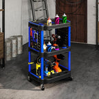 HOMCOM 3-Tier Rolling Tool Cart with Wheels, 200 LBS Capacity Plastic Utility Cart with Side Shelves, Mobile Service Tool Organizer for Garage, Warehouse, Workshop, Black and Dark Blue