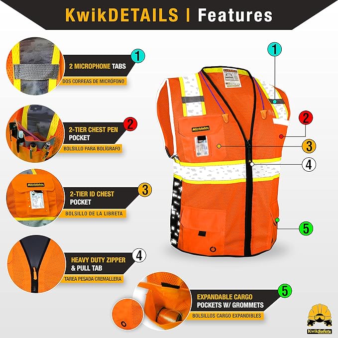 KwikSafety - BIG KAHUNA DIGITAL Safety Vest [LIMITED EDITION] Class 2 ANSI OSHA Reflective Vest Durable High Visibility Vest Construction Safety Vest for Men Industrial Work Gear/Orange 3XL
