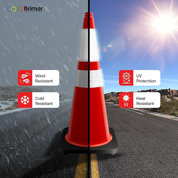 Brimar 28 Inch Traffic Cones, 6 Pack, Orange PVC Safety Cones with Black Base for Construction, Road Parking, MUTCD Approved Traffic Cones with 3M Reflective Bands, Structurally Stable Wearproof