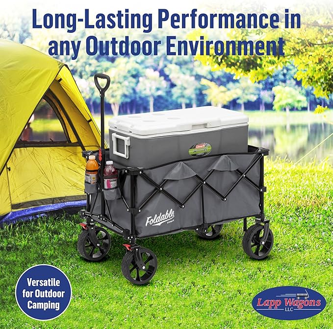 Lapp Wagons 39" Extra-Long Collapsible Folding Wagon Cart, Heavy-Duty 360 lb Utility Wagon with Wheels, Foldable Beach Wagon for Camping, Garden, Grocery, Sports, Outdoor Gear – Grey
