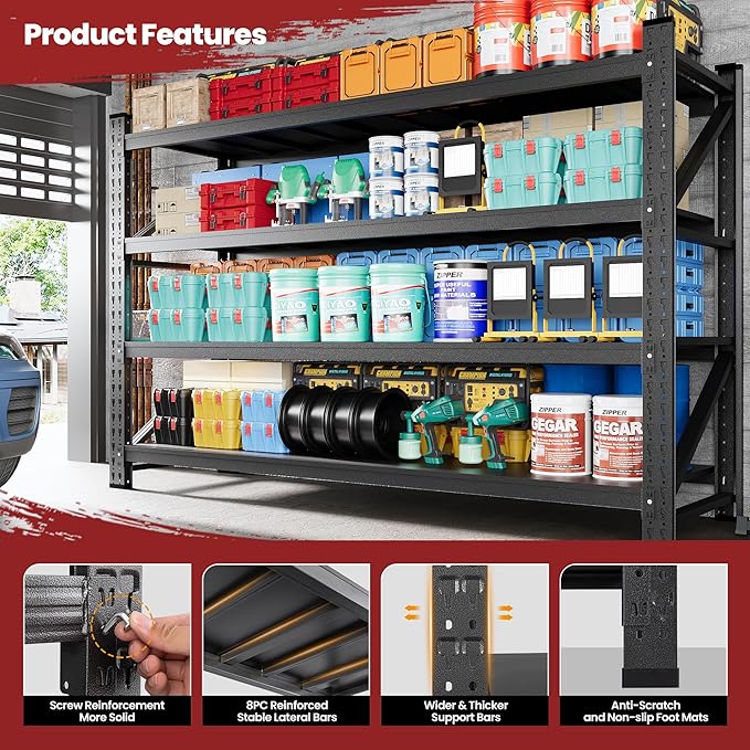 75" Wide Industrial Storage Shelves, 9000LBS Garage Shelving Heavy Duty, Standing Shelf Units, 4 Tier Metal Adjustable Storage Shelving Rack for Shop Warehouse Basement, 75'' W x 24''D x 70'' H