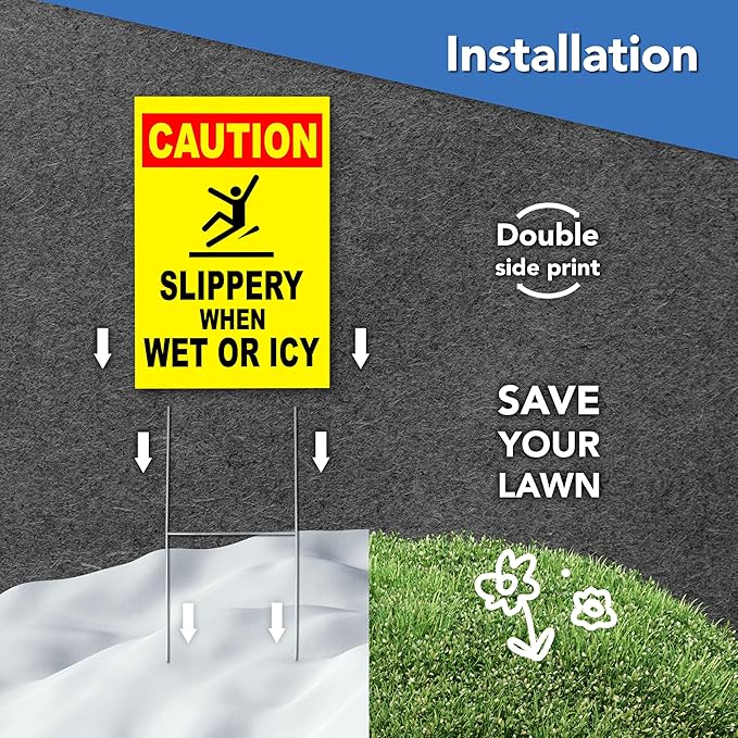 Caution Slippery When Wet or Icy Sign, 8x12 DS Coroplast Warning Caution Wet Floor Sign with H-Type Stake