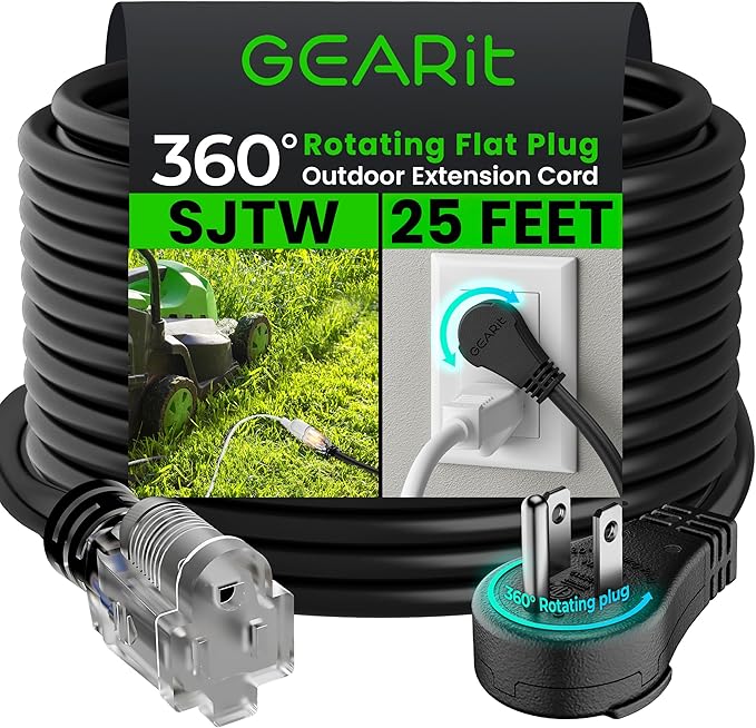GEARit 360 Rotating Plug Indoor Outdoor Extension Cord Waterproof 25ft - 16 Gauge 16/3 AWG, 13A 1625W, 3 Prong Heavy Duty Extension Cord Weatherproof Power Cable for Outdoor Landscaping, Lights, ETL