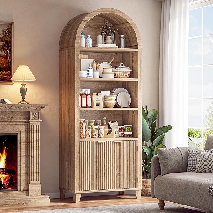 79.9" Tall Arched Pantry Cabinet, 6-Tier Arched Cabinet with Fluted Doors, Kitchen Pantry with Open & Adjustable Shelves, Versatile Cupboard for Dining Room, Living Room, Light Oak