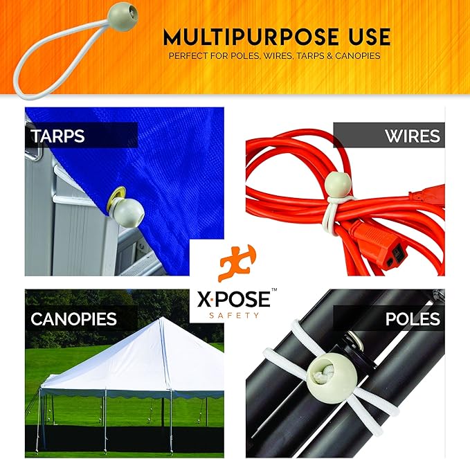 Xpose Safety Bungee Ball Cords 6" 10 Pack Heavy Duty White Stretch Rope with Ball Ties for Canopies, Tarps, Walls, Cable Organization