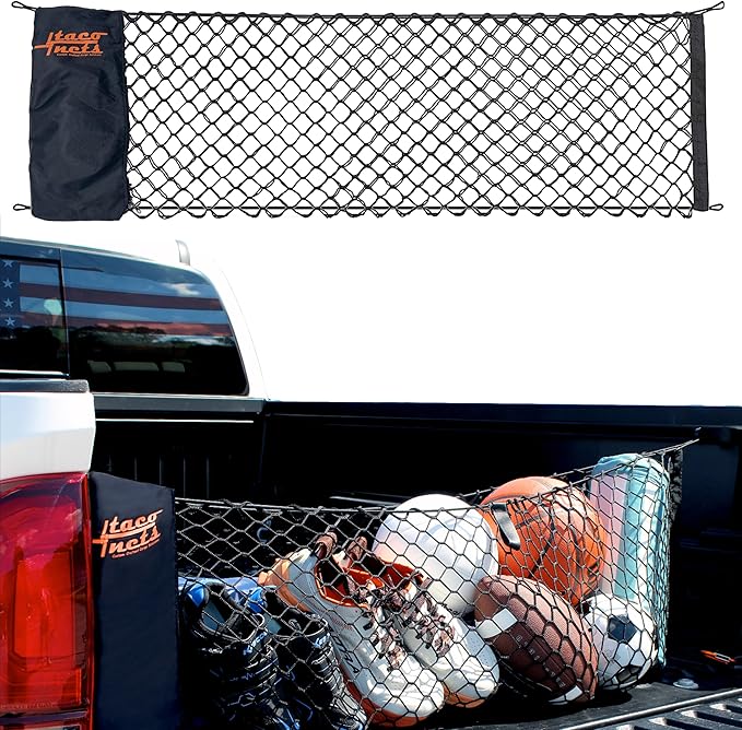 Envelope Cargo Net for Toyota Tacoma - Fits 2005-2025 - Patented Bed Rail Integration - Upgraded 5mm Bungee - Integrated Storage Bag - Heavy Duty Carabiners - Designed in USA