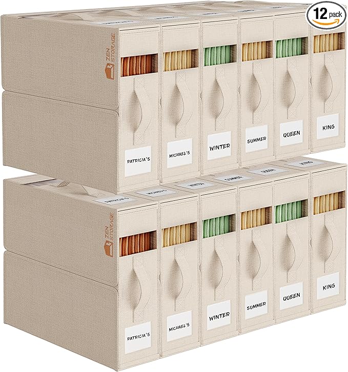 12Pack Sheet Organizers and Storage - King/Queen Size Sheet Storage Organizer with Window, Foldable & Dustproof Sheet Organizer for Linen Closet for Summer Blankets & Sheet Sets,Beige