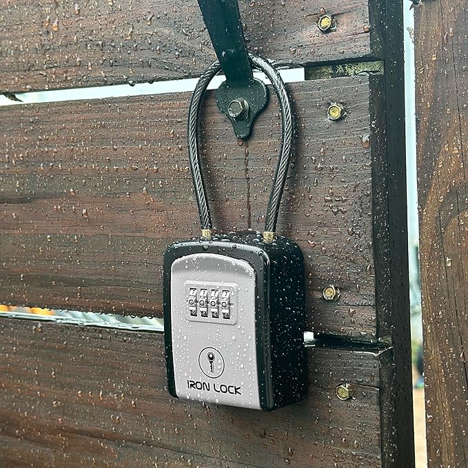 Iron Lock® Key Lock Box Portable with Cable Shackle – Small Waterproof Heavy-Duty Metal Safe with 4-Digit Combination for Spare Keys Outside on Door Knob, Fence, Pipe or Gate (Grey, Small)