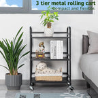 HDANI 3 Tier Rolling Cart Shelves,Heavy Duty Multifunctional Metal Frame-Supports 22 Lbs Per Tier,Rolling Cart with 2 Lockable Wheels for Home,Office,Kitchen,Bathroom,Bedroom,Black